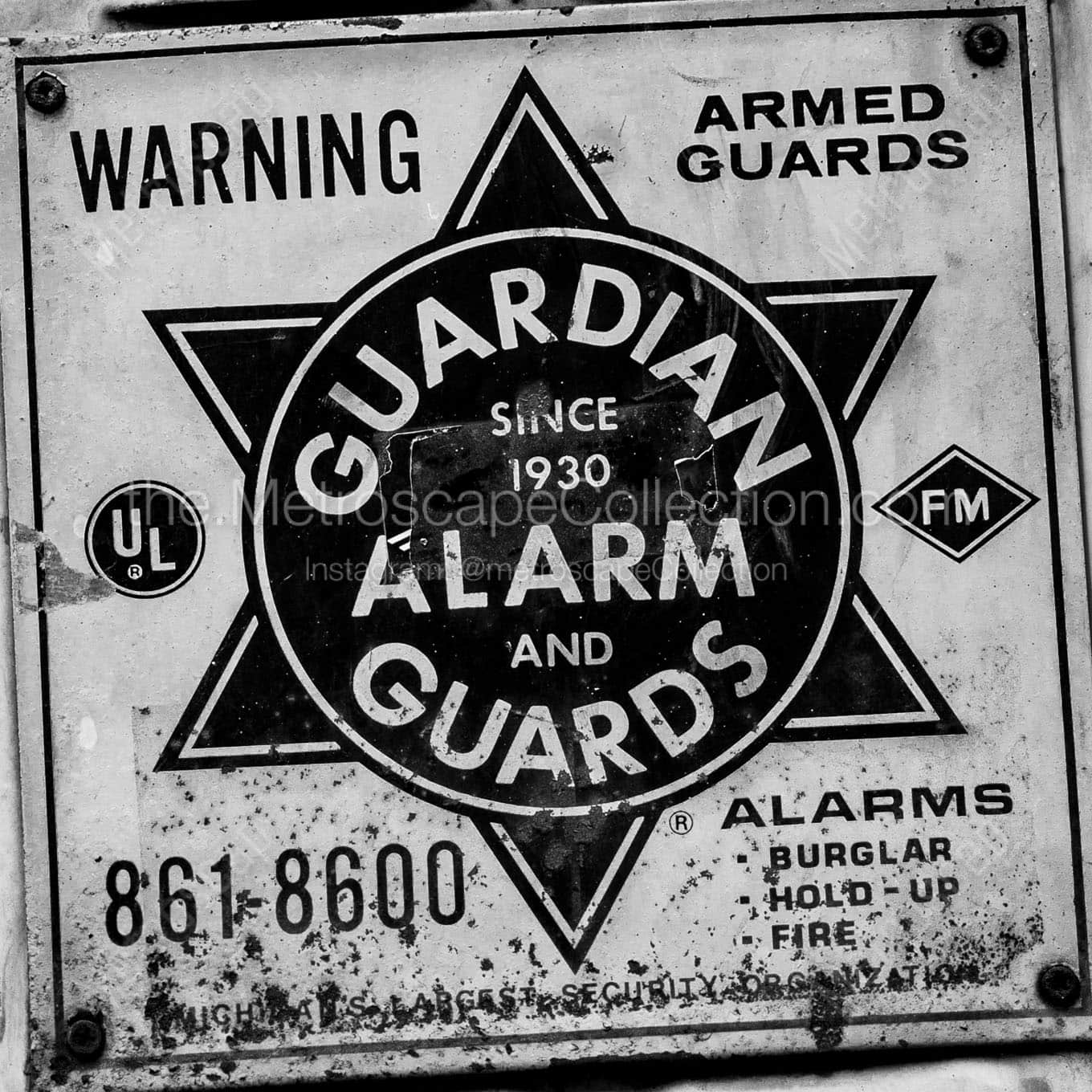 guardian alarm sign Black & White Wall Art