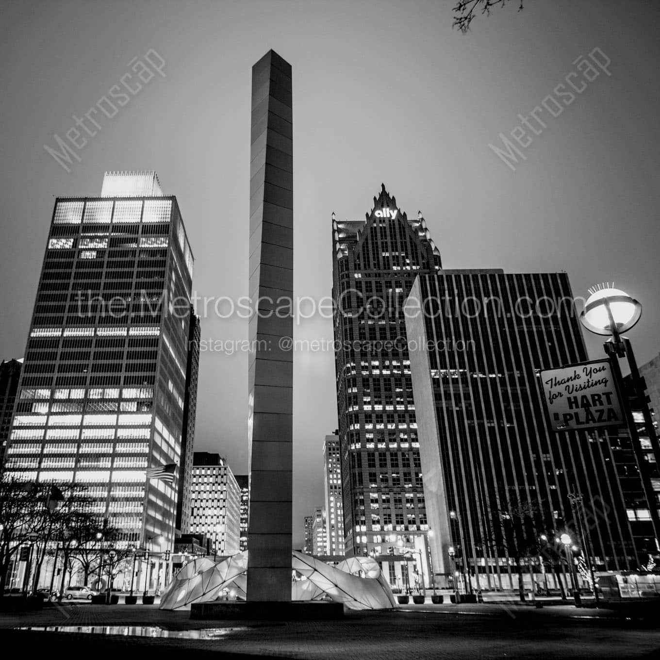 hart plaza downtown detroit skyline Black & White Wall Art
