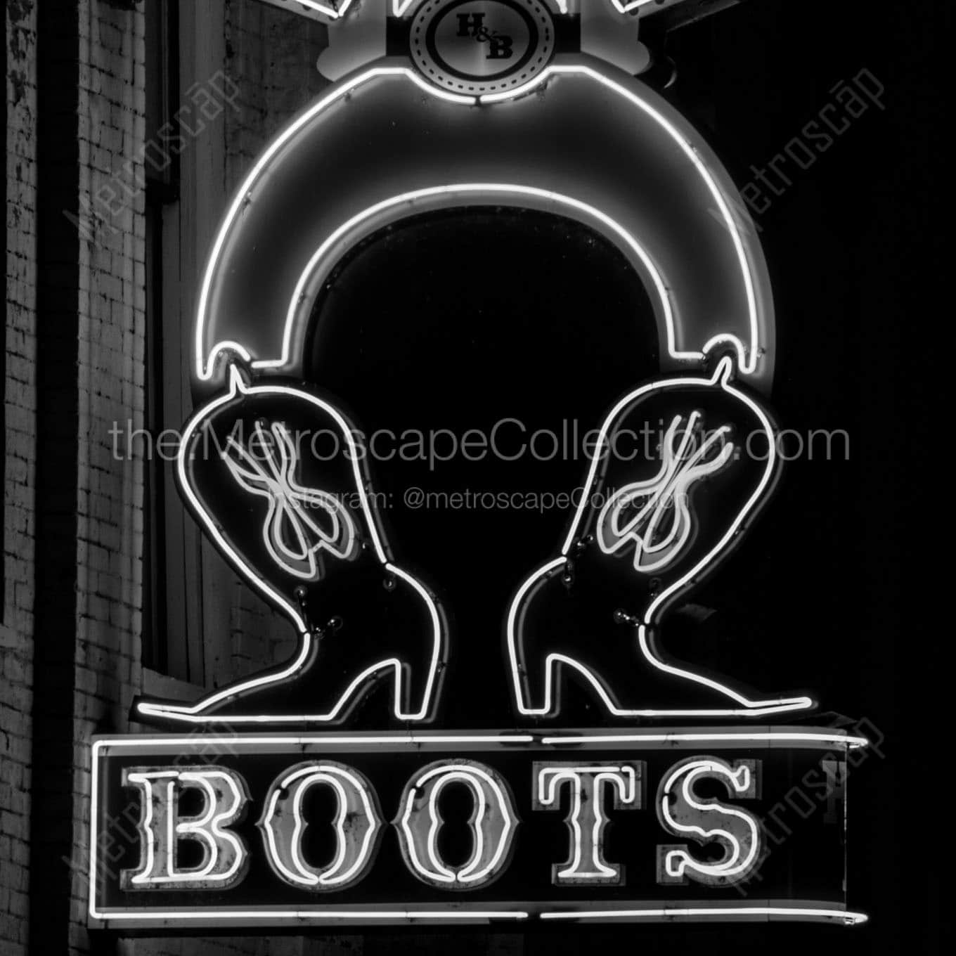 hats and boots neon sign Black & White Wall Art