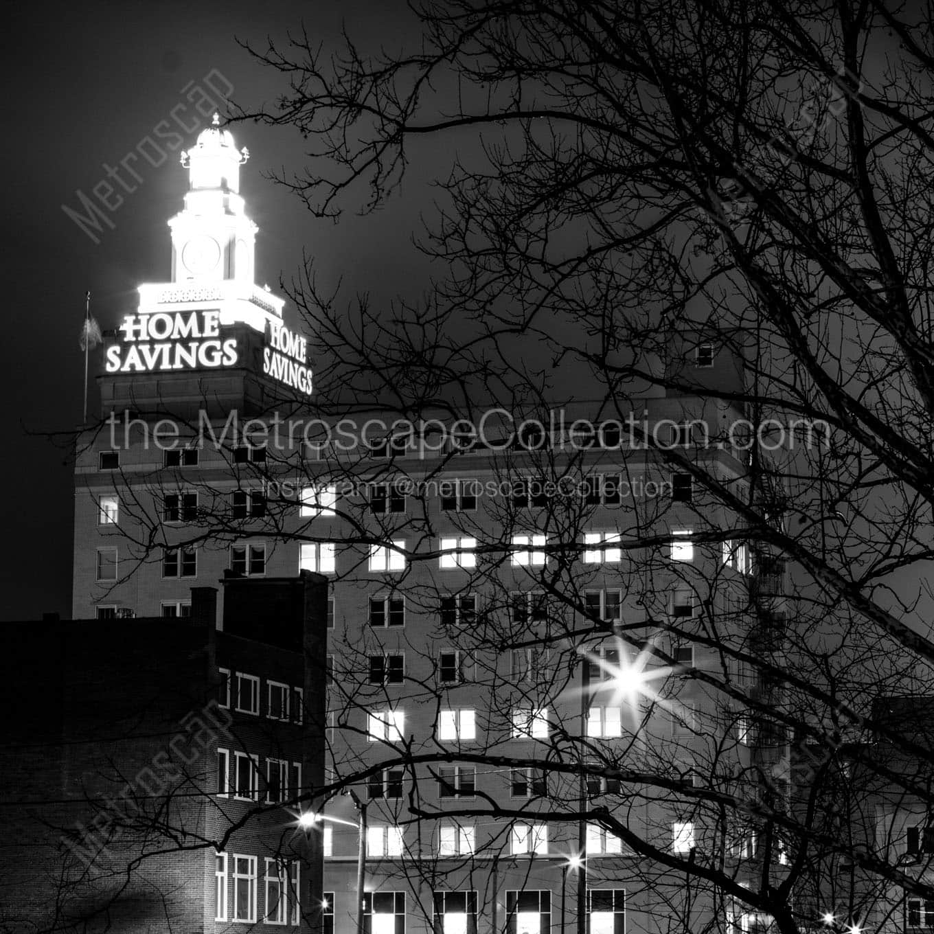 home savings bank building at night Black & White Wall Art