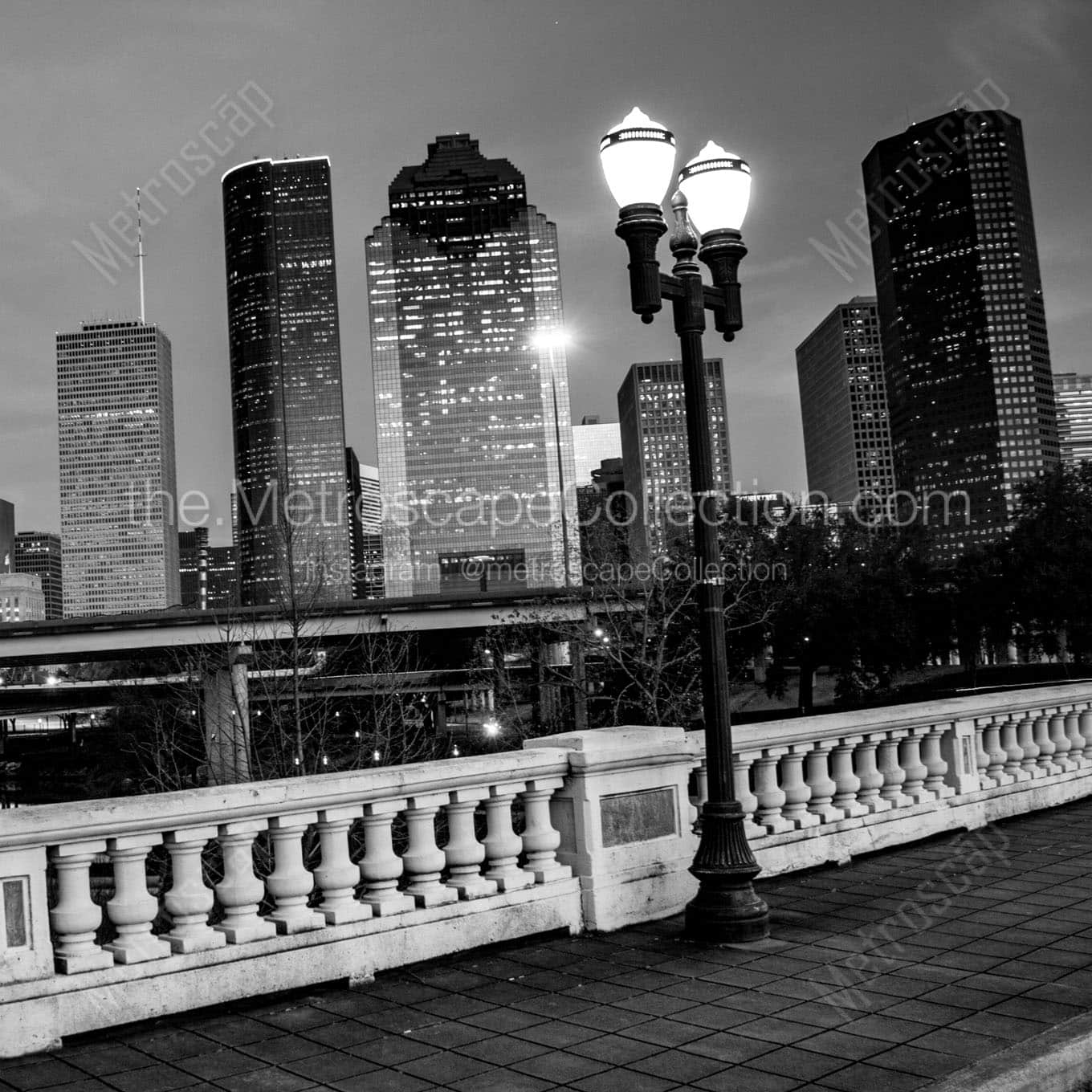 houston skyline at night sabine bridge Black & White Wall Art