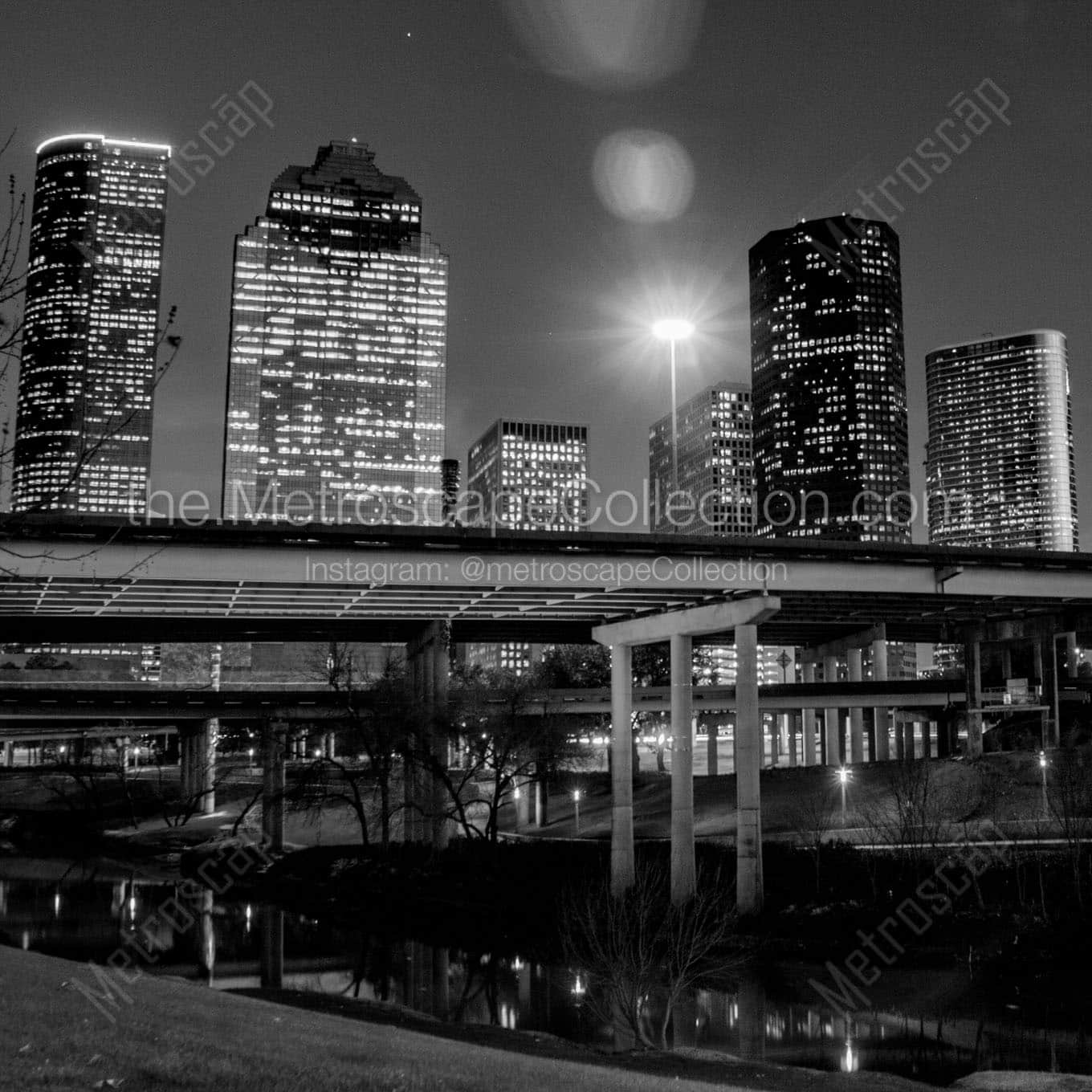 houston skyline over buffalo bayou Black & White Wall Art