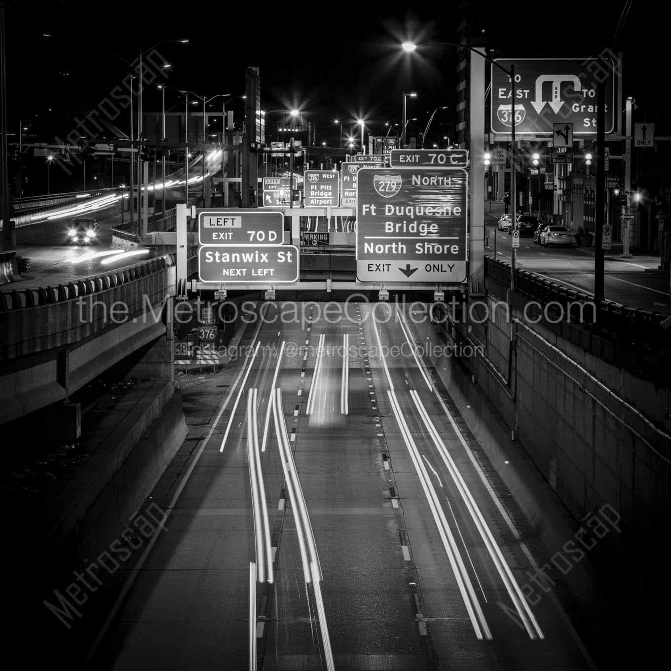 i 376 downtown pittsburgh at night Black & White Wall Art