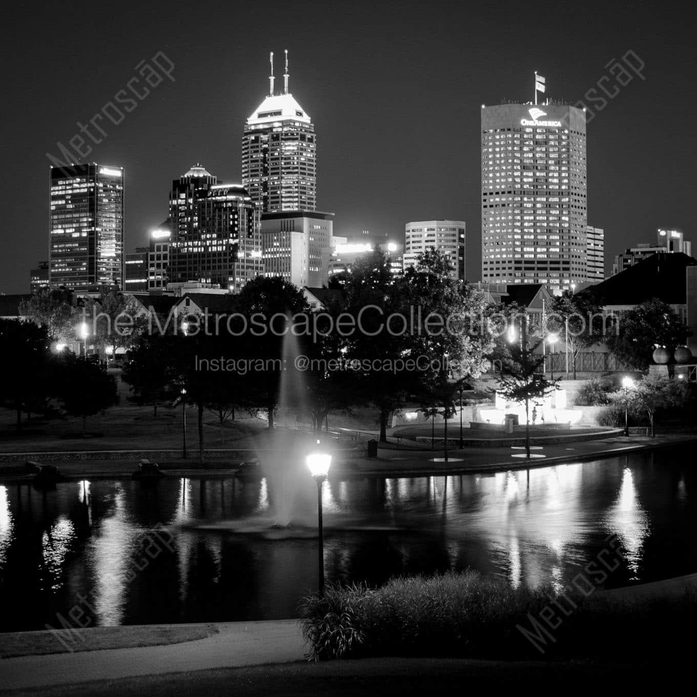 indy skyline at night canal walk Black & White Wall Art