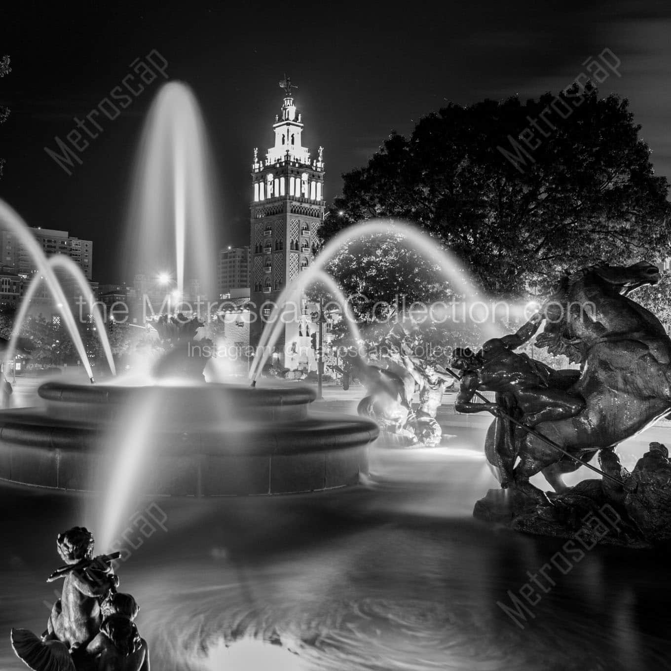 jc nichols fountain night Black & White Wall Art