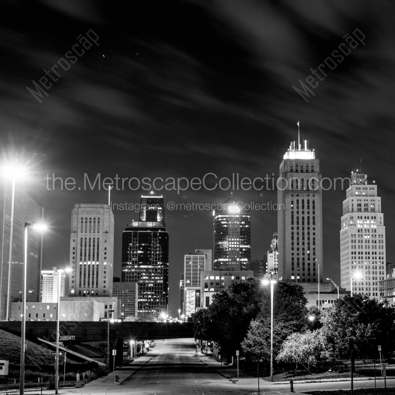 kansas city skyline 12th street Black & White Wall Art