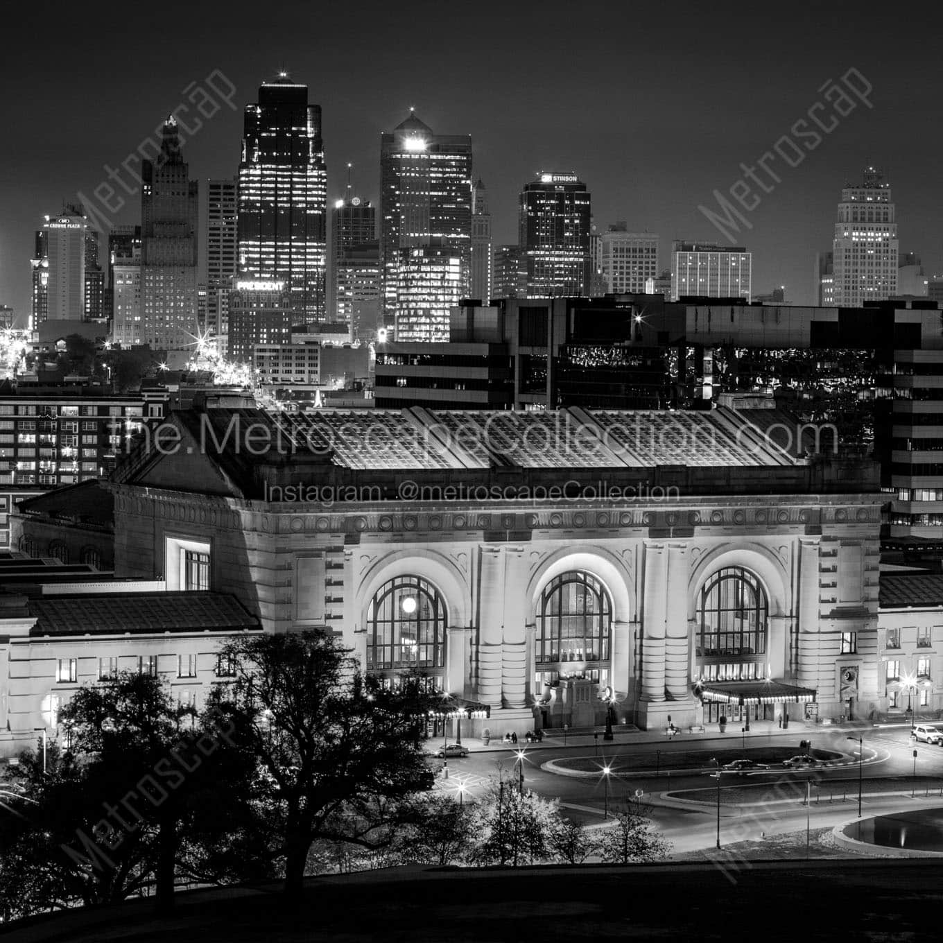 kansas city skyline at night Black & White Wall Art