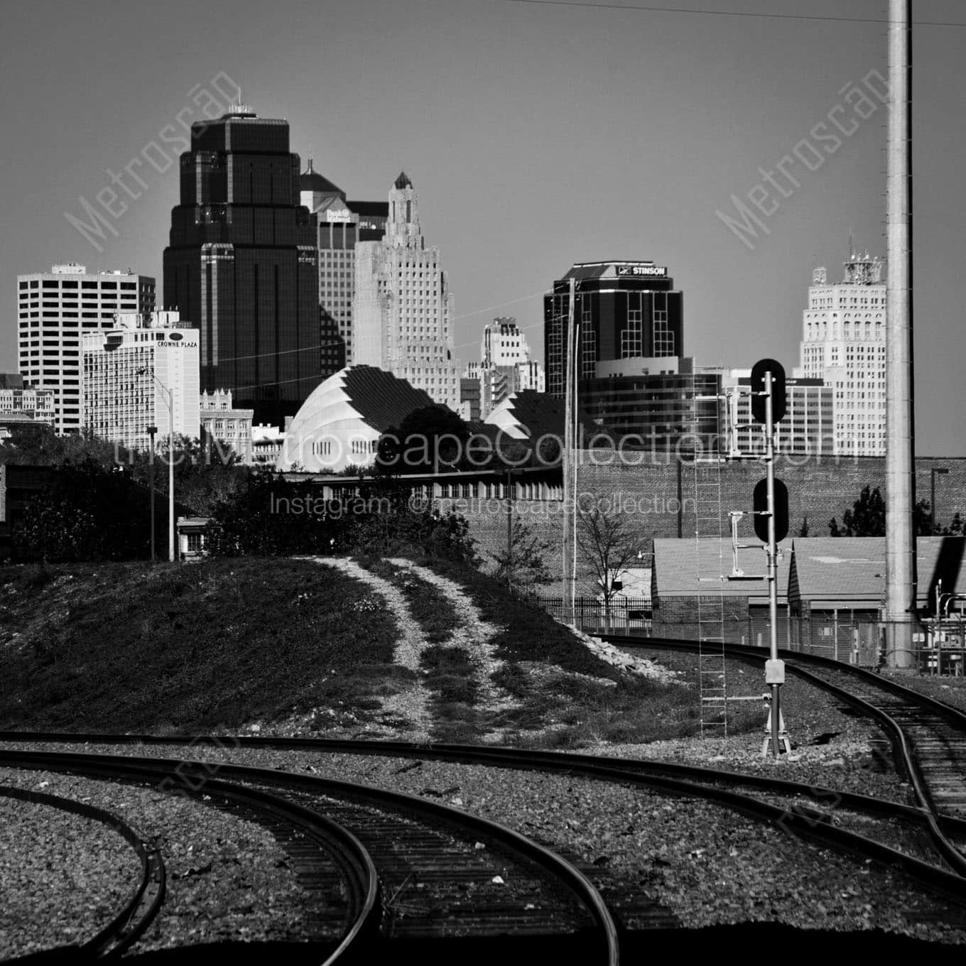 kc skyline from rr tracks Black & White Wall Art