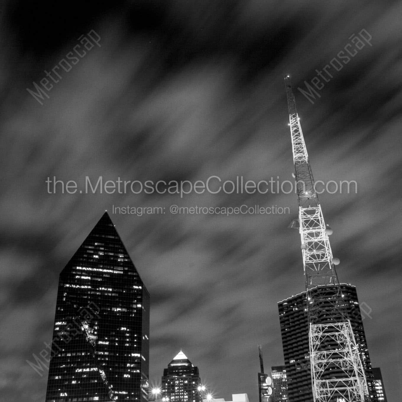 kdfw tower downtown dallas at night Black & White Wall Art