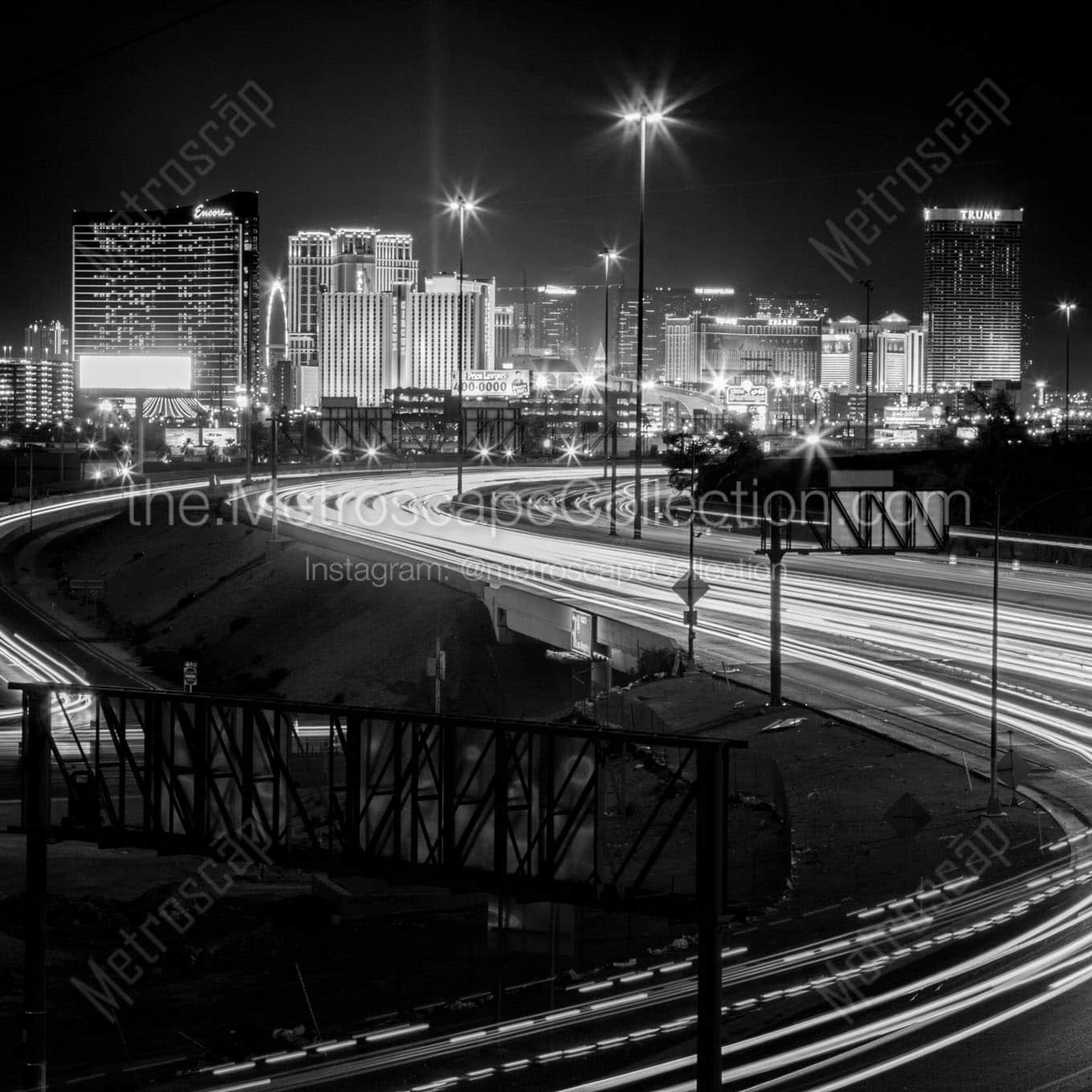 las vegas skyline at night over i15 Black & White Wall Art