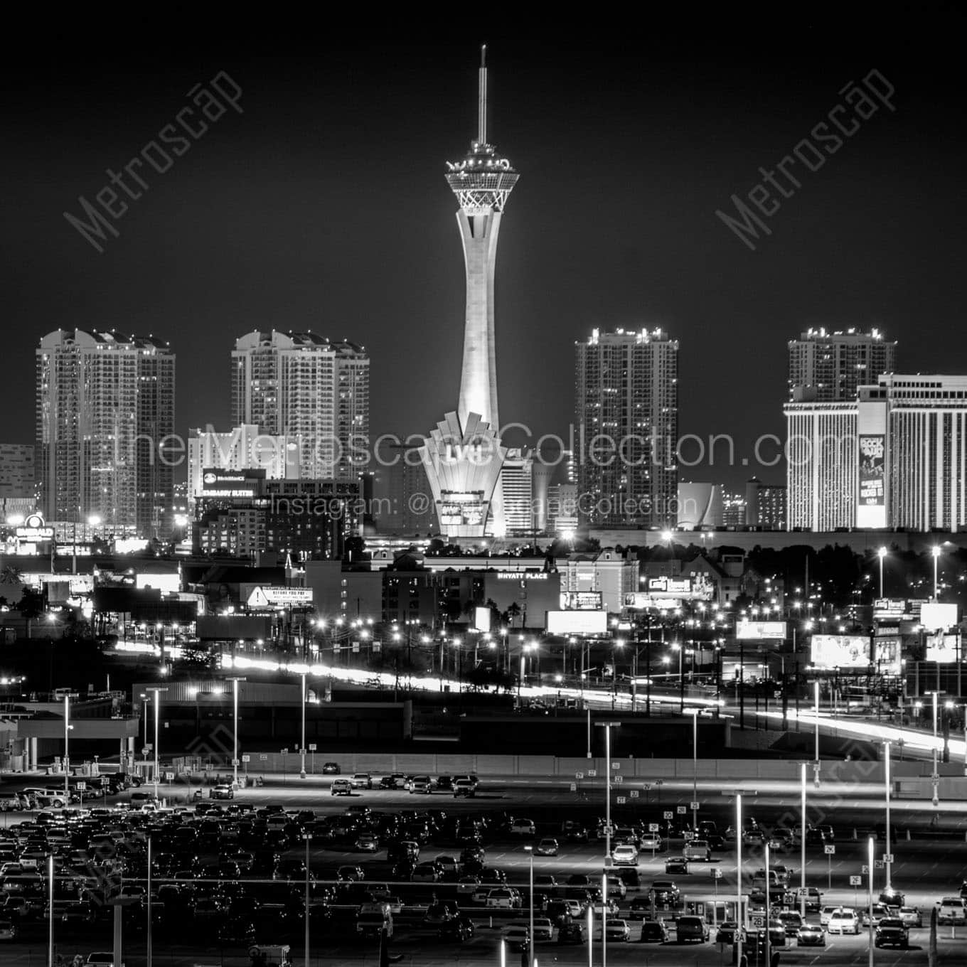 las vegas strip skyline at night Black & White Wall Art