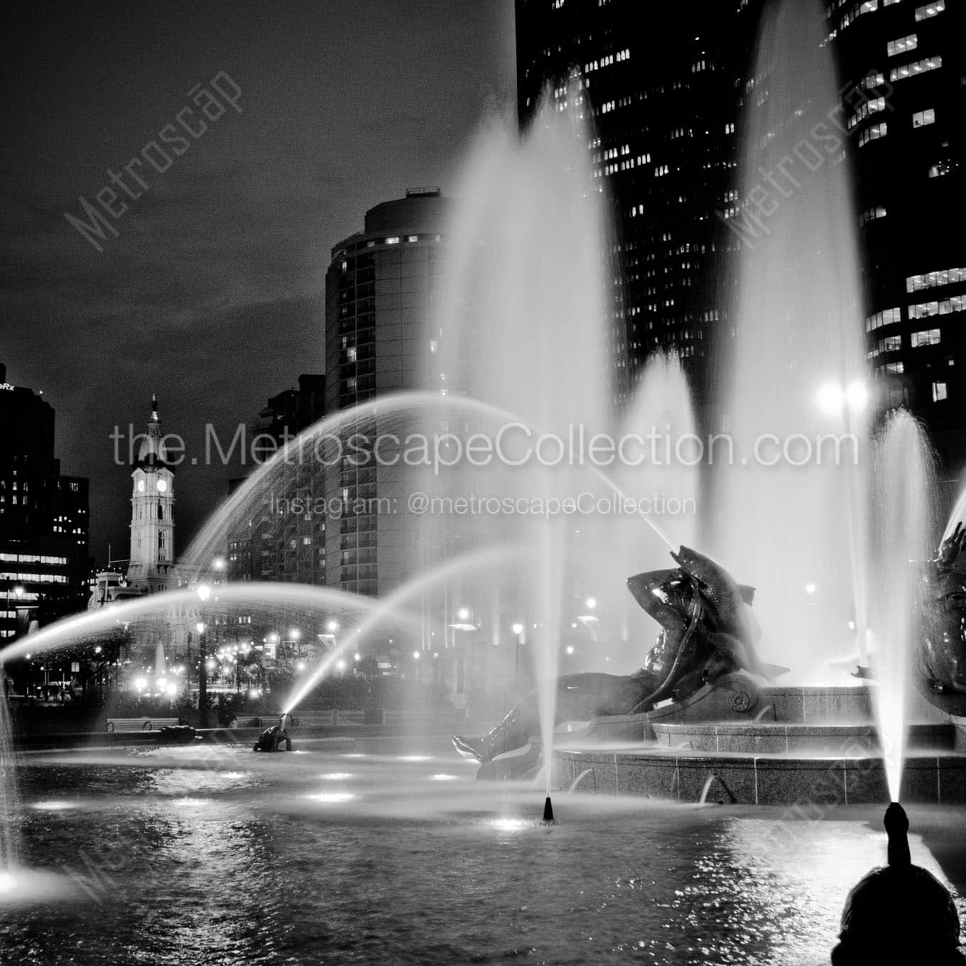logan square fountain at night Black & White Wall Art