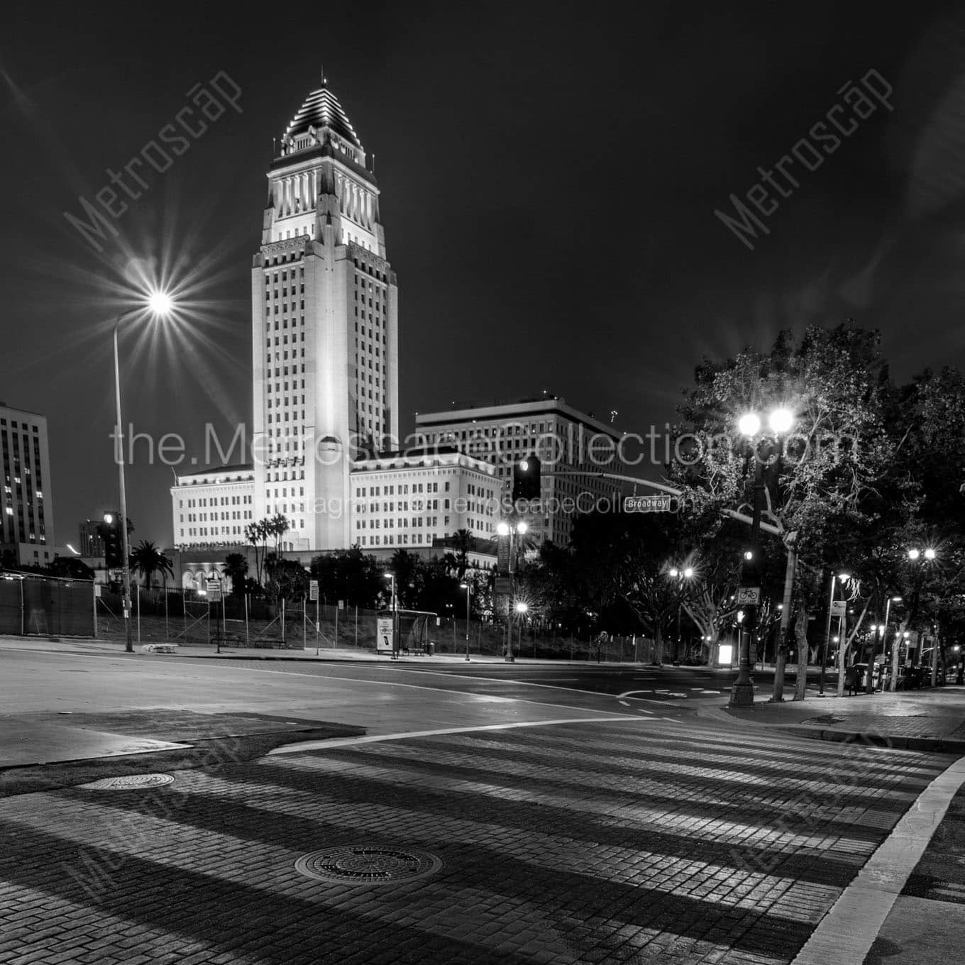 los angeles city hall at night Black & White Wall Art