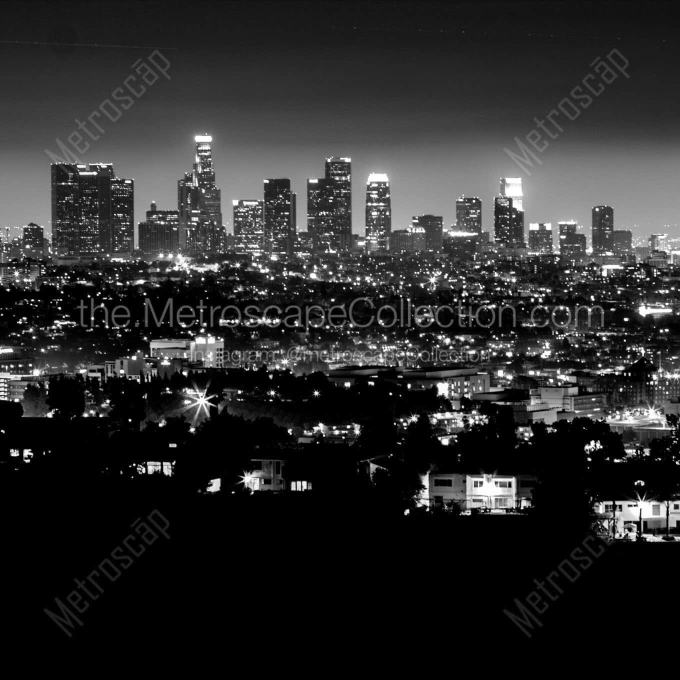 los angeles skyline at night from griffith park Black & White Wall Art