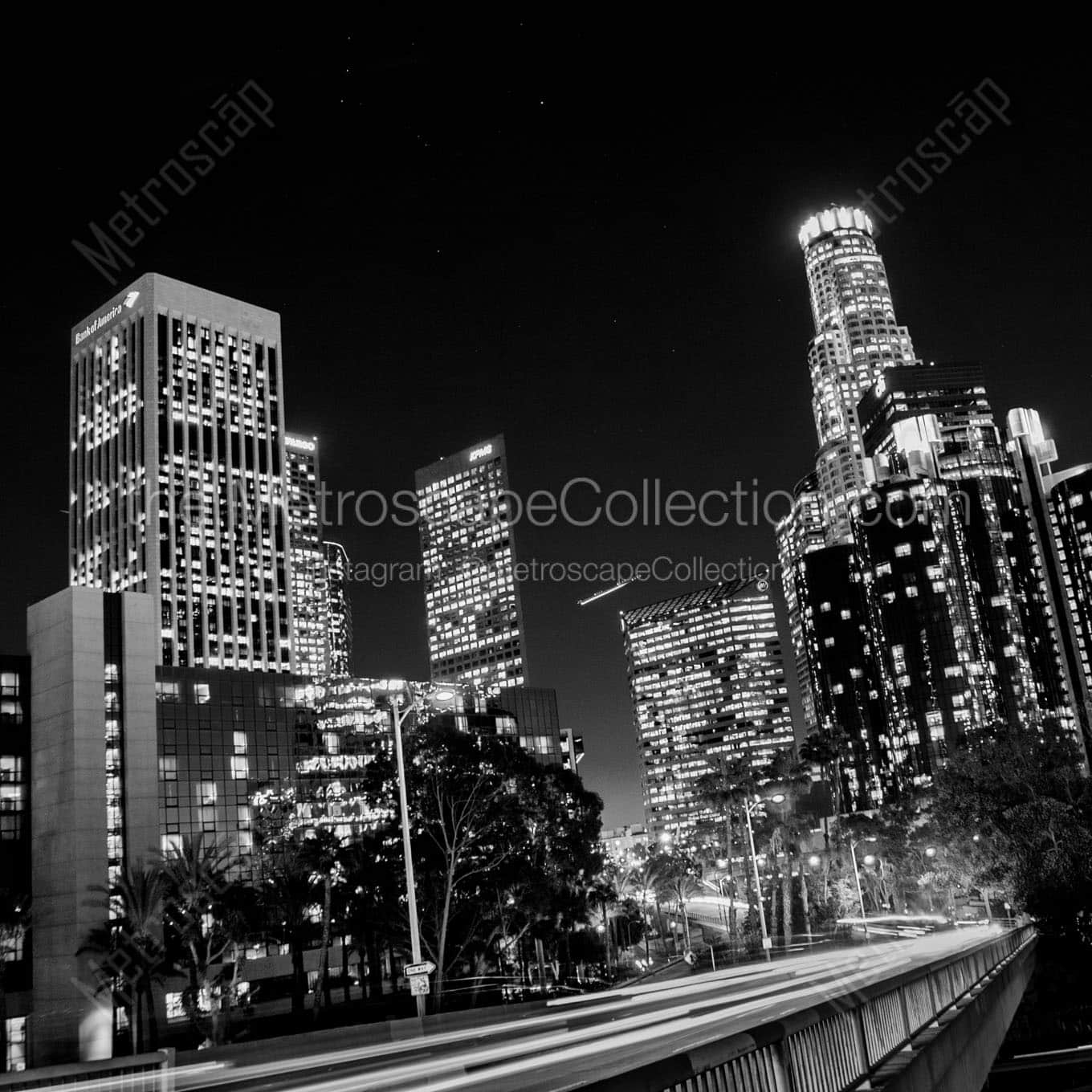 los angeles skyline us bank building bank america building at night Black & White Wall Art