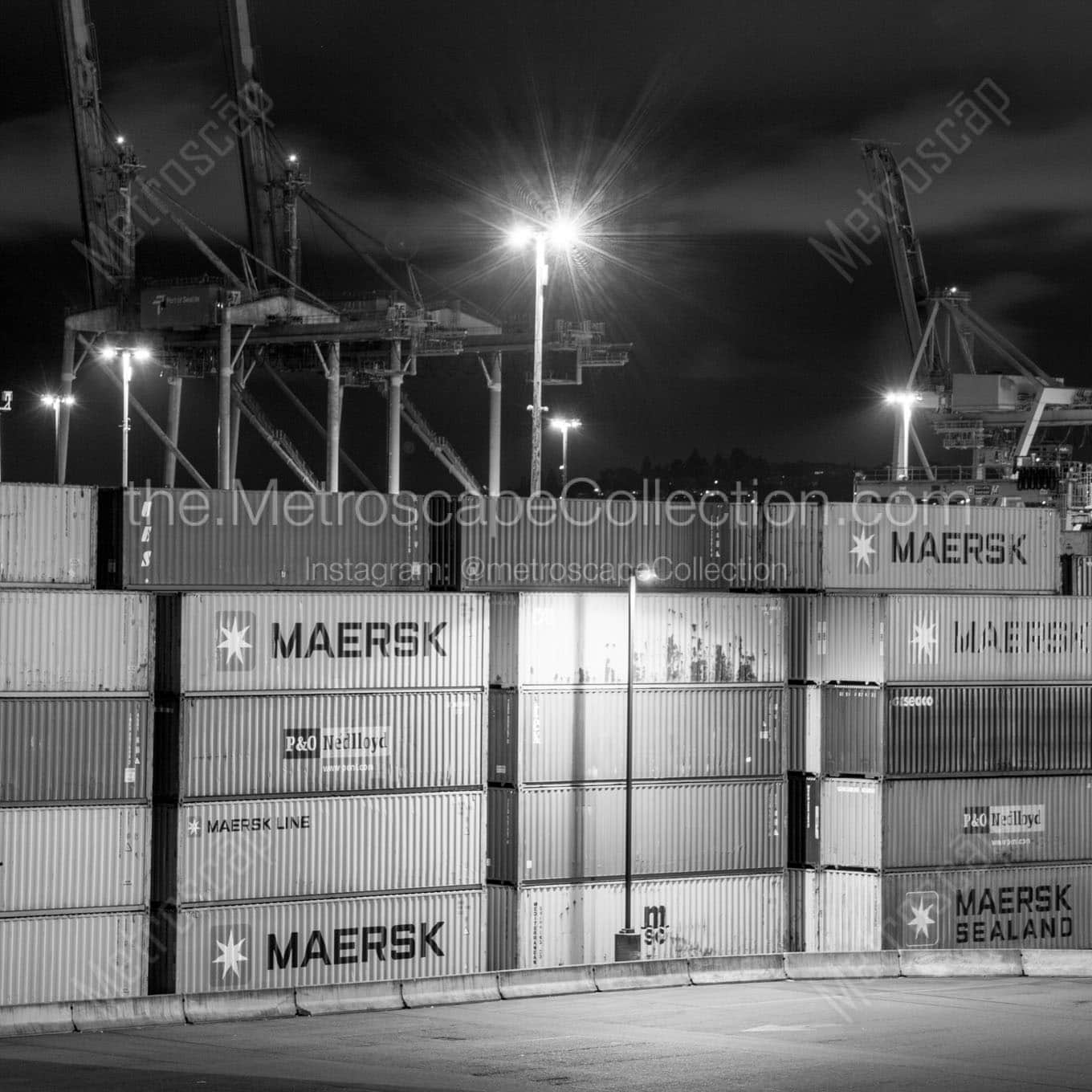 maersk shipping containers at night Black & White Wall Art