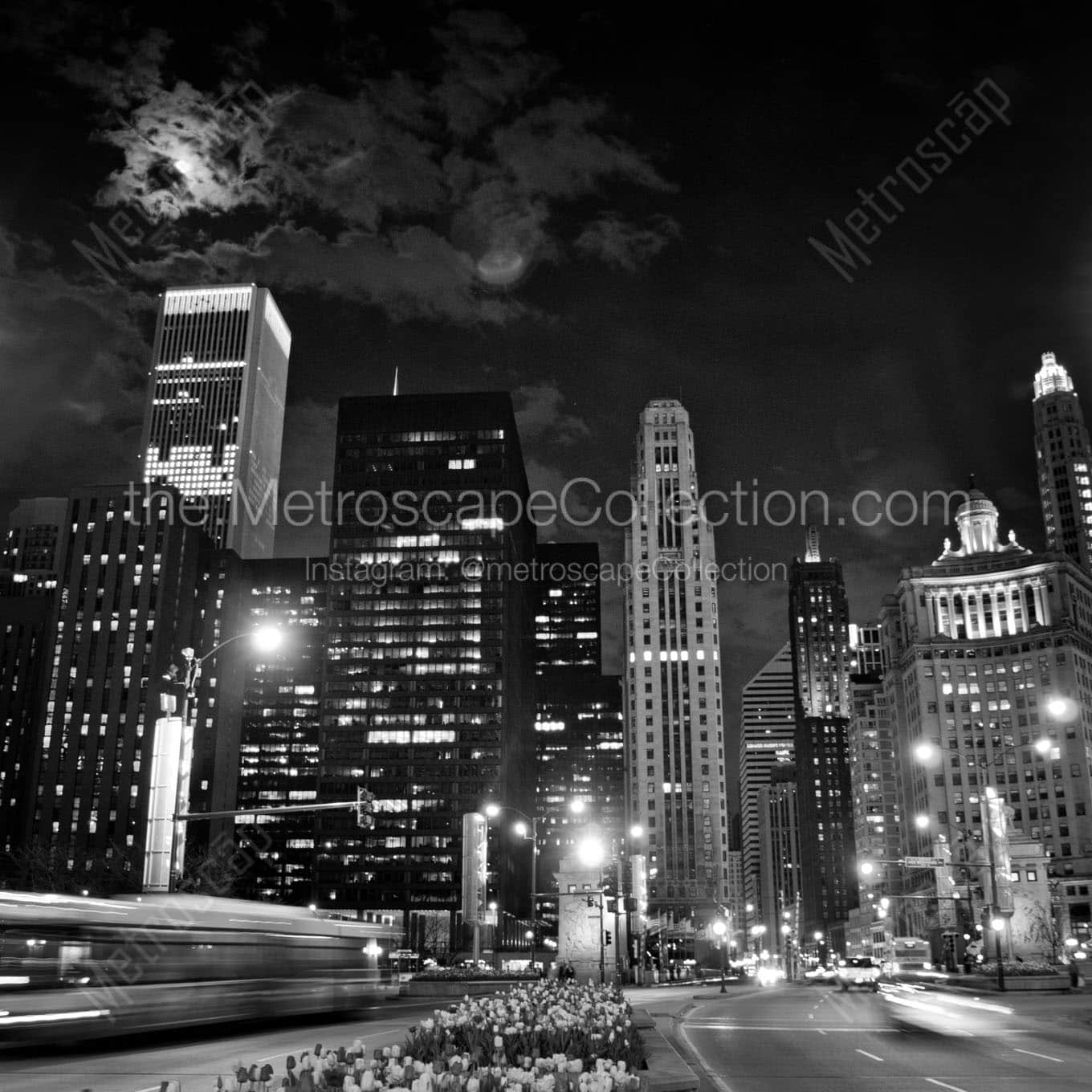 magnificent mile at night Black & White Wall Art