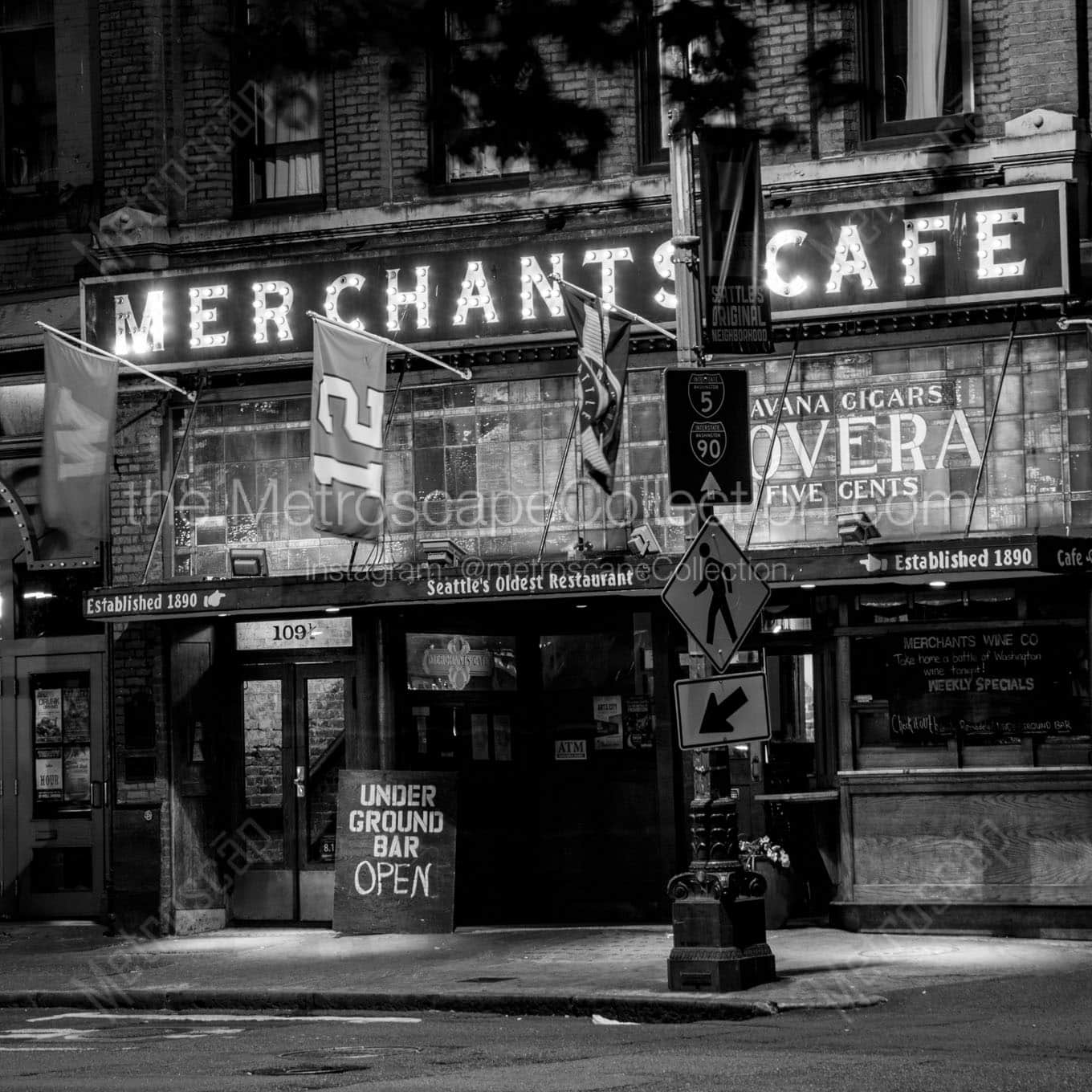 merchants cafe at night pioneer square Black & White Wall Art