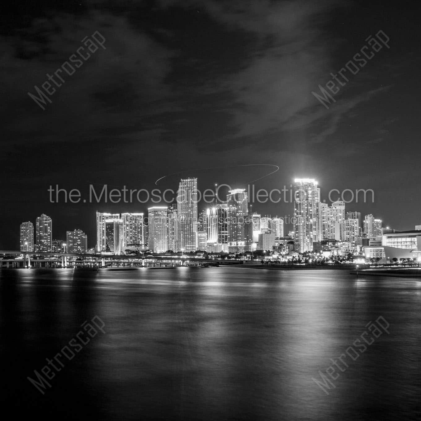 miami city skyline night macarthur causeway Black & White Wall Art