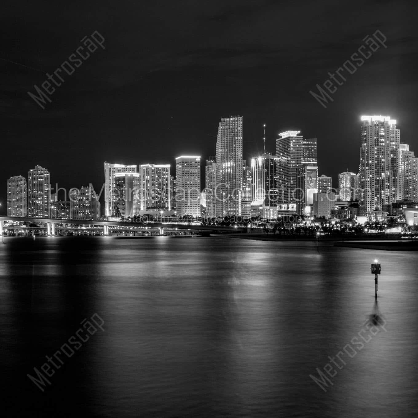 miami skyline at night biscayne bay Black & White Wall Art