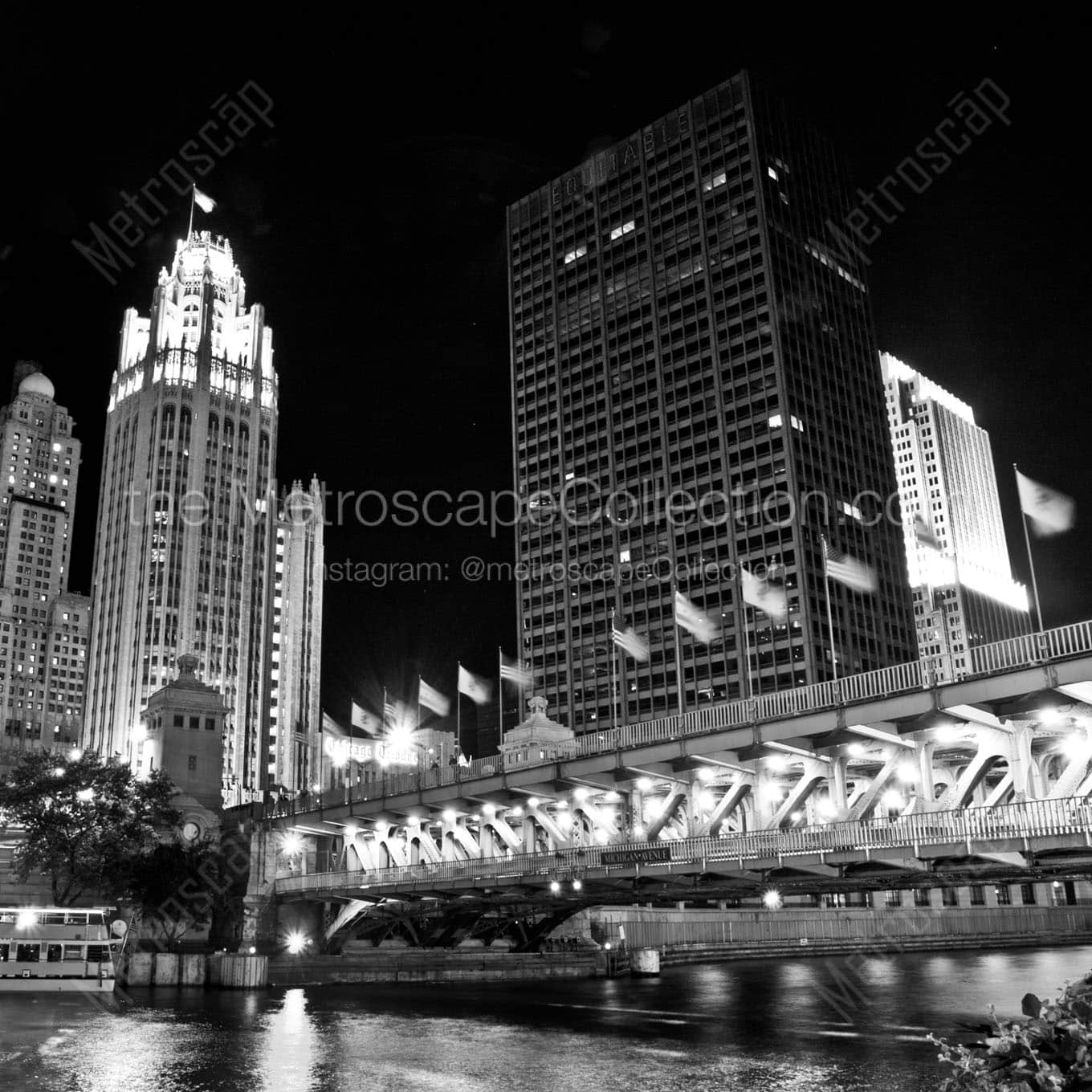 michigan avenue bridge at night Black & White Wall Art