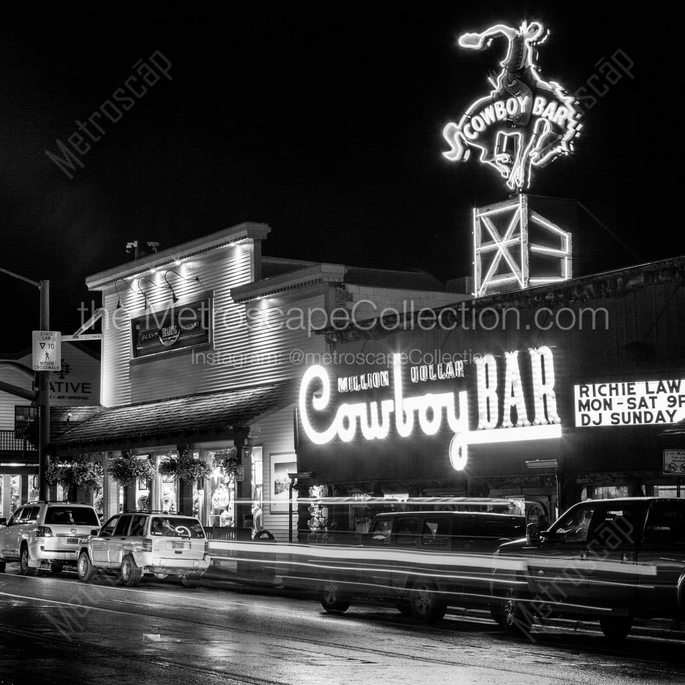 million dollar cowboy bar at night Black & White Wall Art