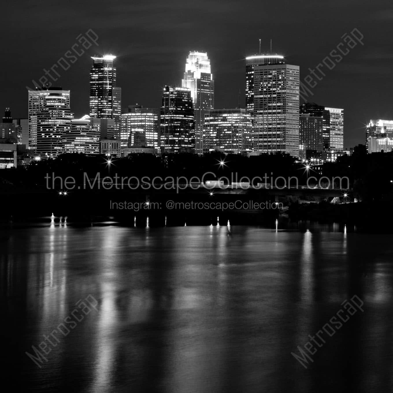 minneapolis skyline at night Black & White Wall Art