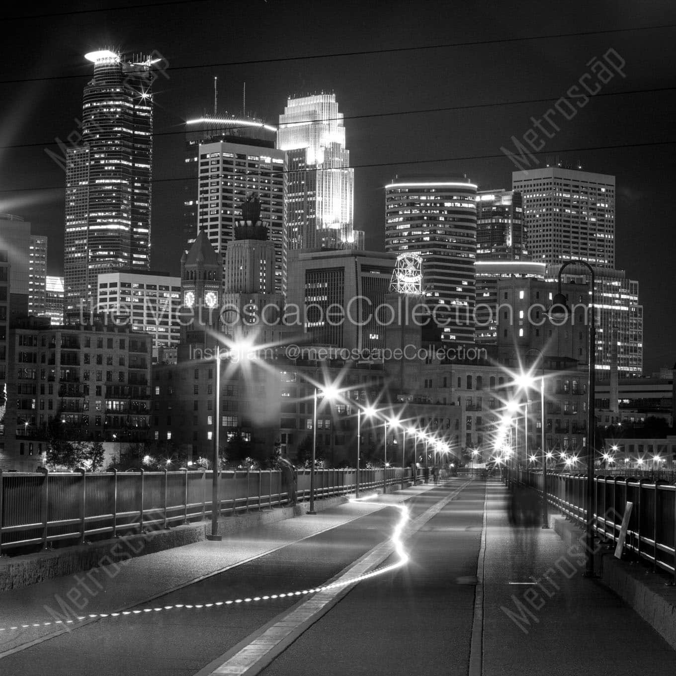 minneapolis skyline from stone arch bridge Black & White Wall Art