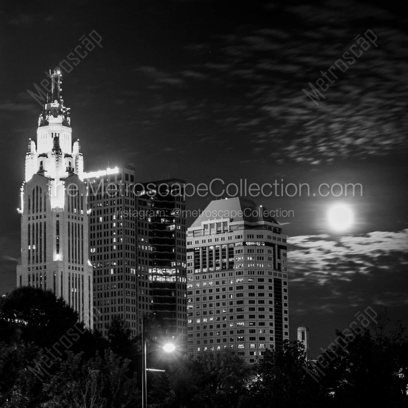 moon rise behind columbus skyline Black & White Wall Art