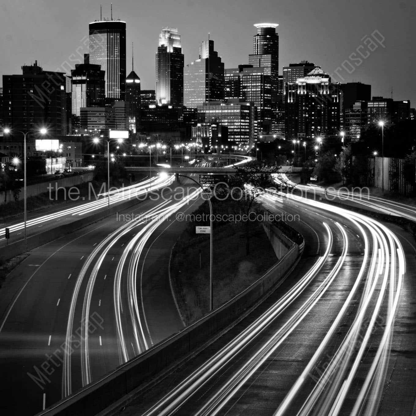 mpls skyline at night Black & White Wall Art