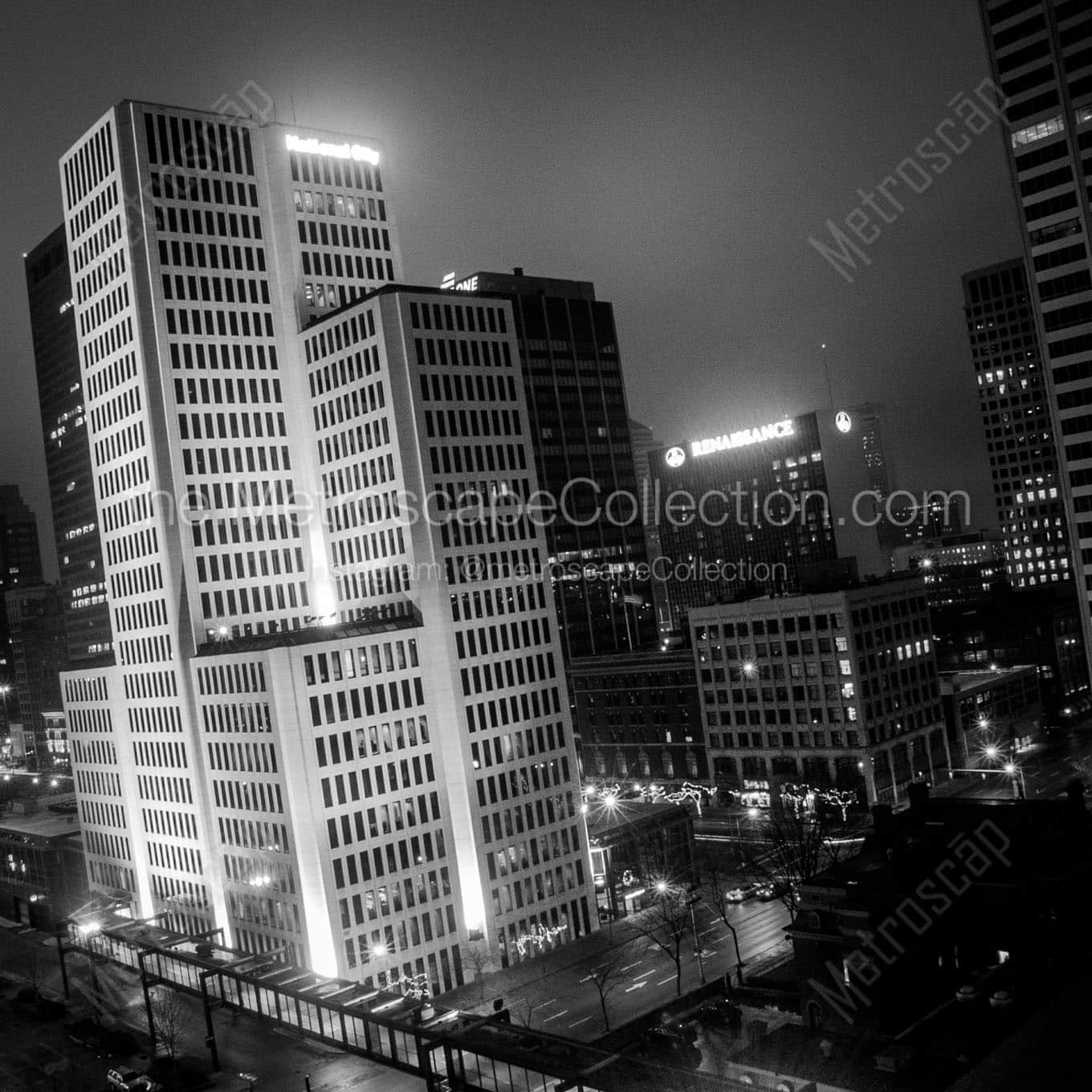 national city bank building at night Black & White Wall Art