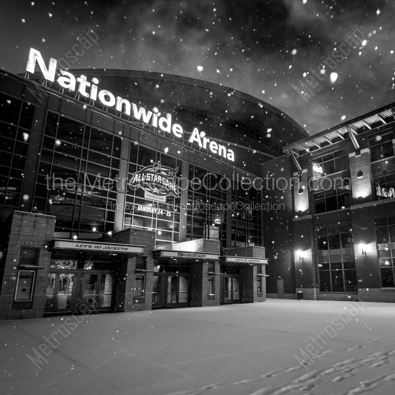 nationwide arena at night snowfall Black & White Wall Art