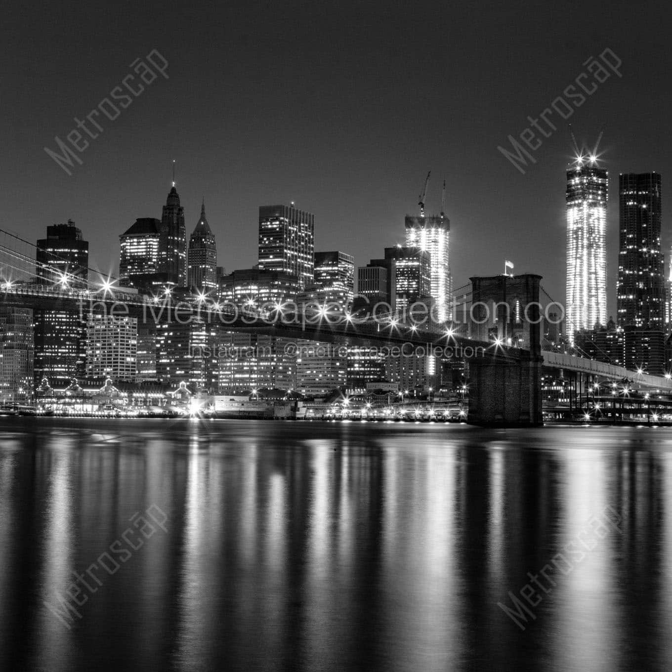 new york city skyline with brooklyn bridge at night Black & White Wall Art
