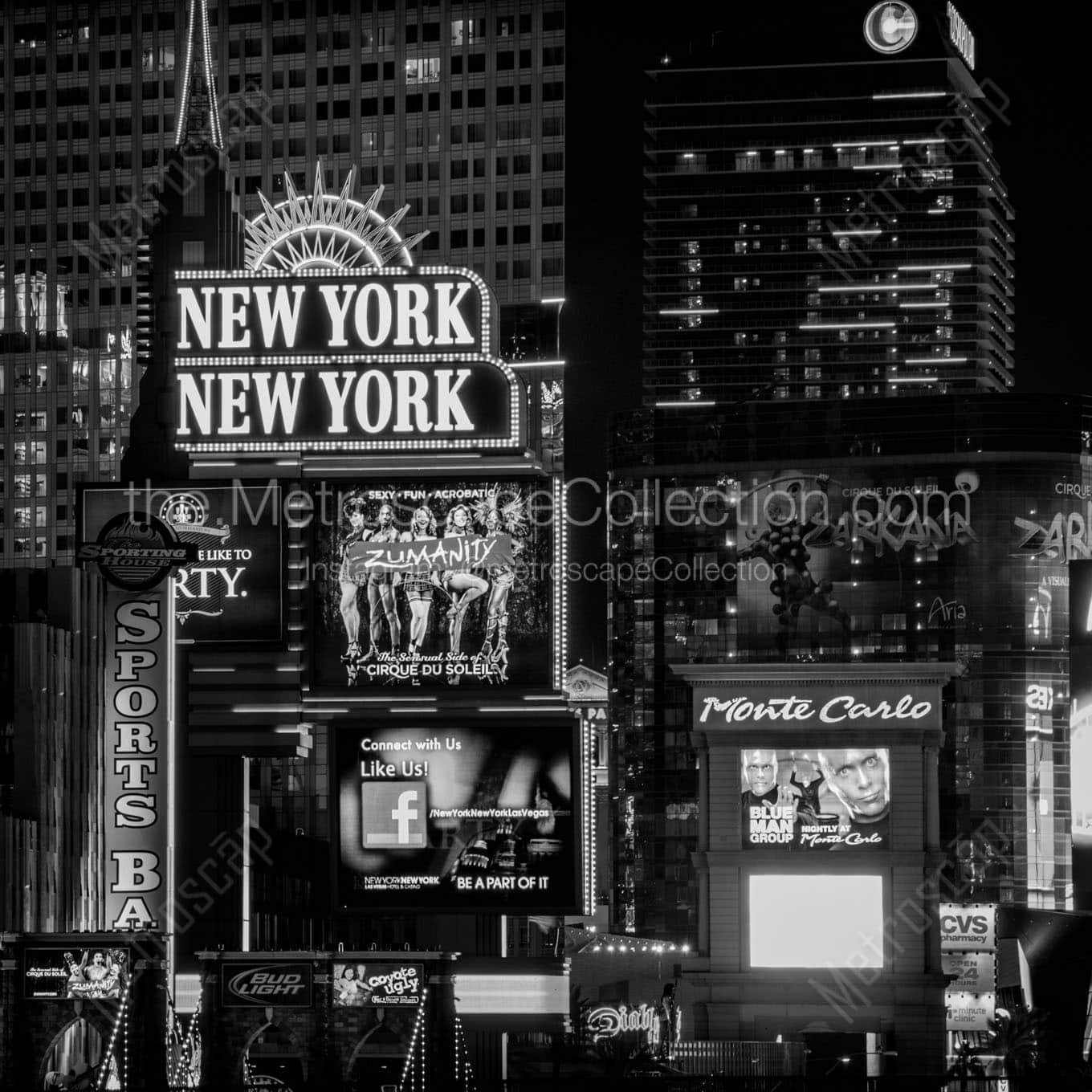 new york new york monte carlo at night Black & White Wall Art