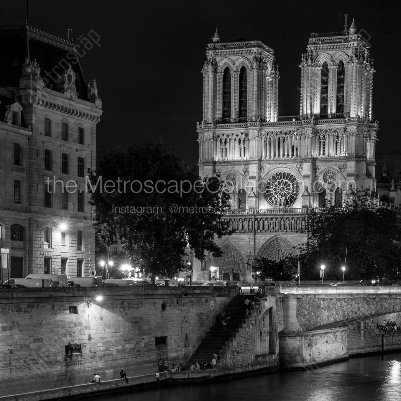 notre dame de paris at night Black & White Wall Art