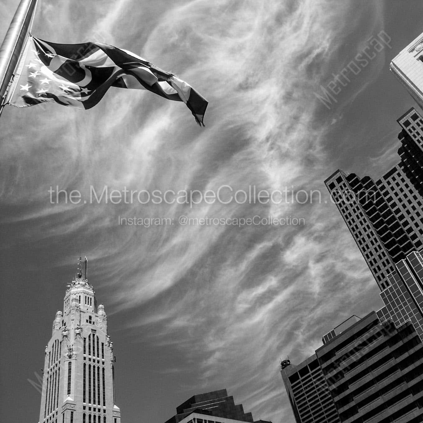 ohio flag waves above columbus skyline Black & White Wall Art