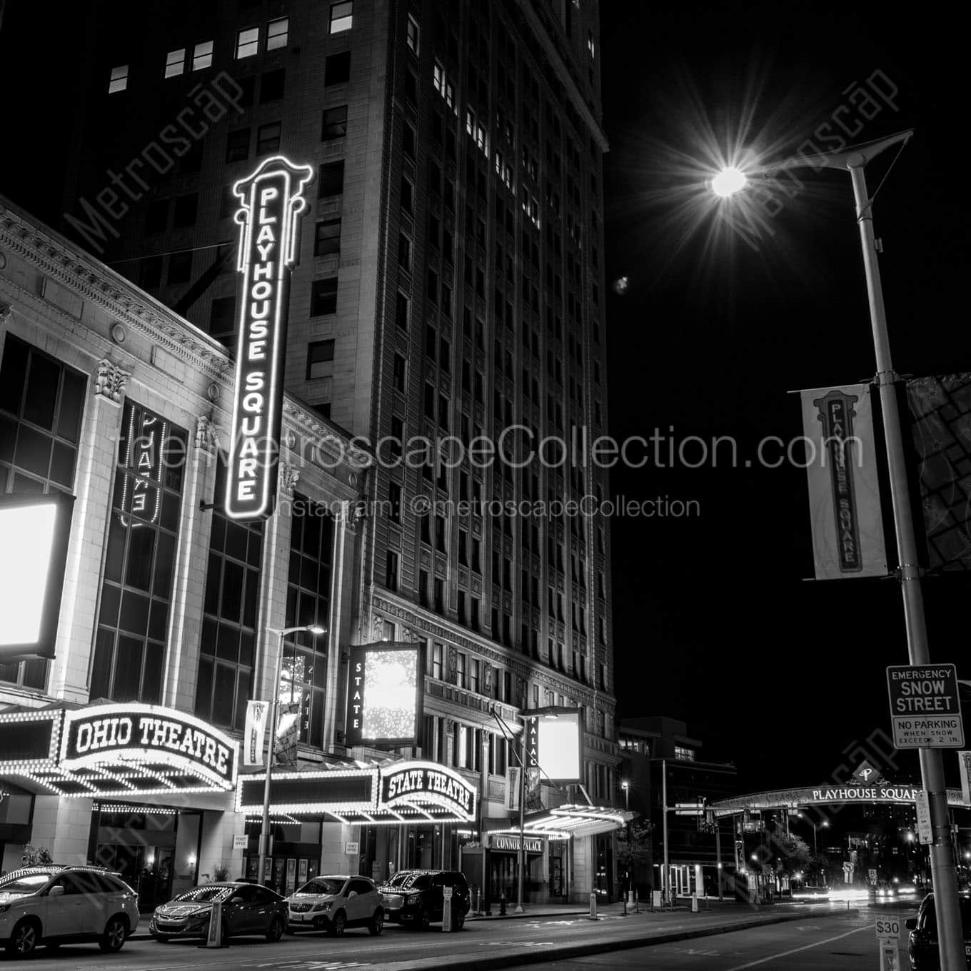 ohio theater playhouse square at night Black & White Wall Art