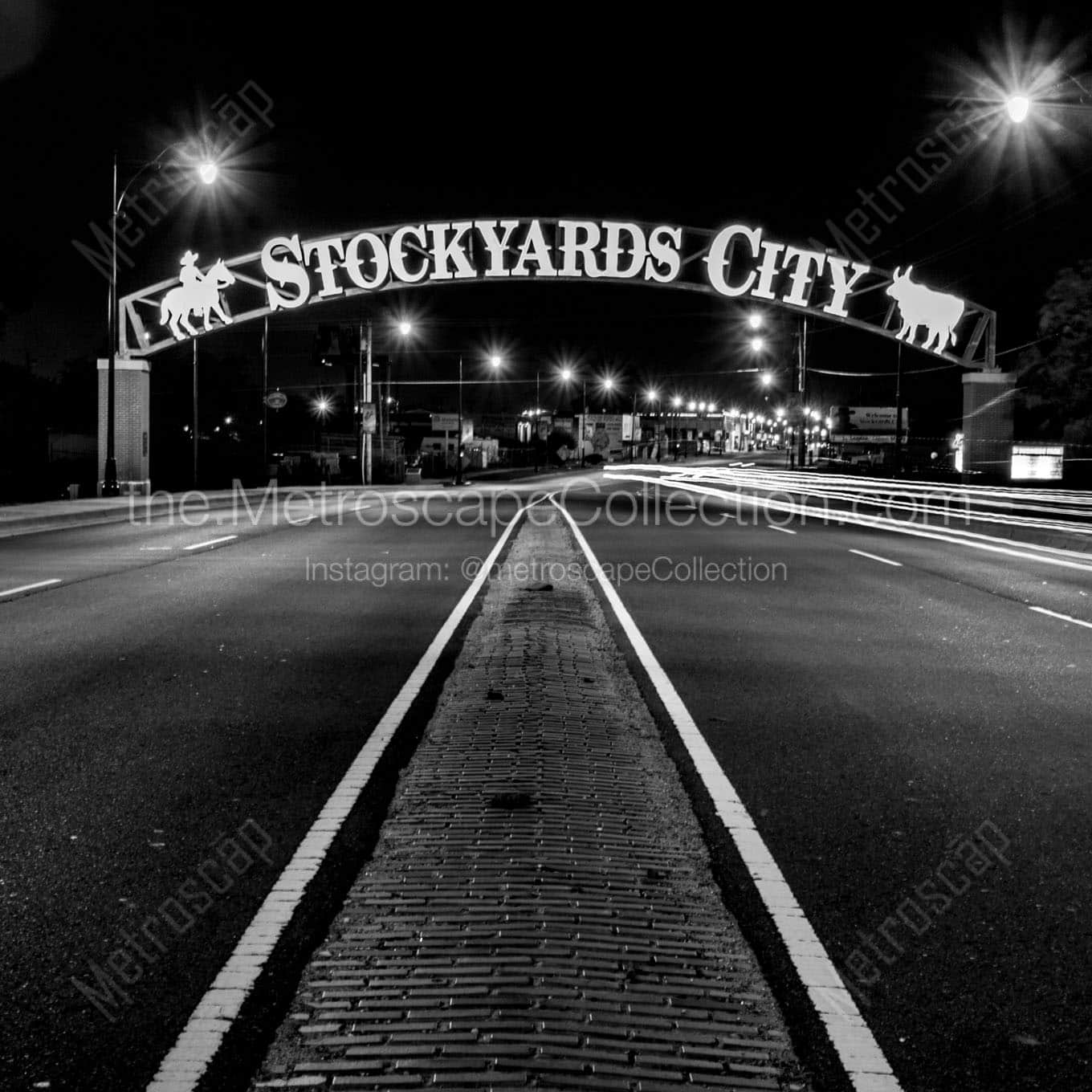 okc stockyards city at night Black & White Wall Art