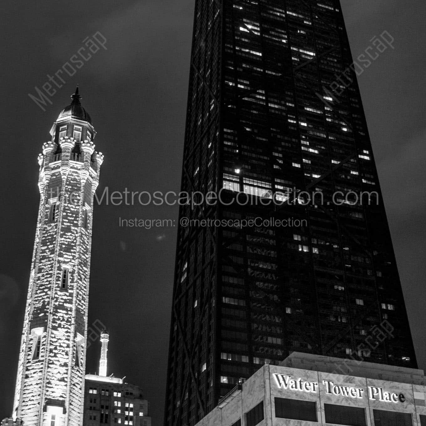 old chicago water tower hancock tower Black & White Wall Art