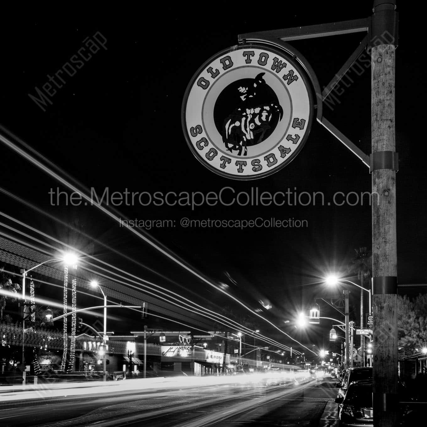 old town scottsdale at night Black & White Wall Art