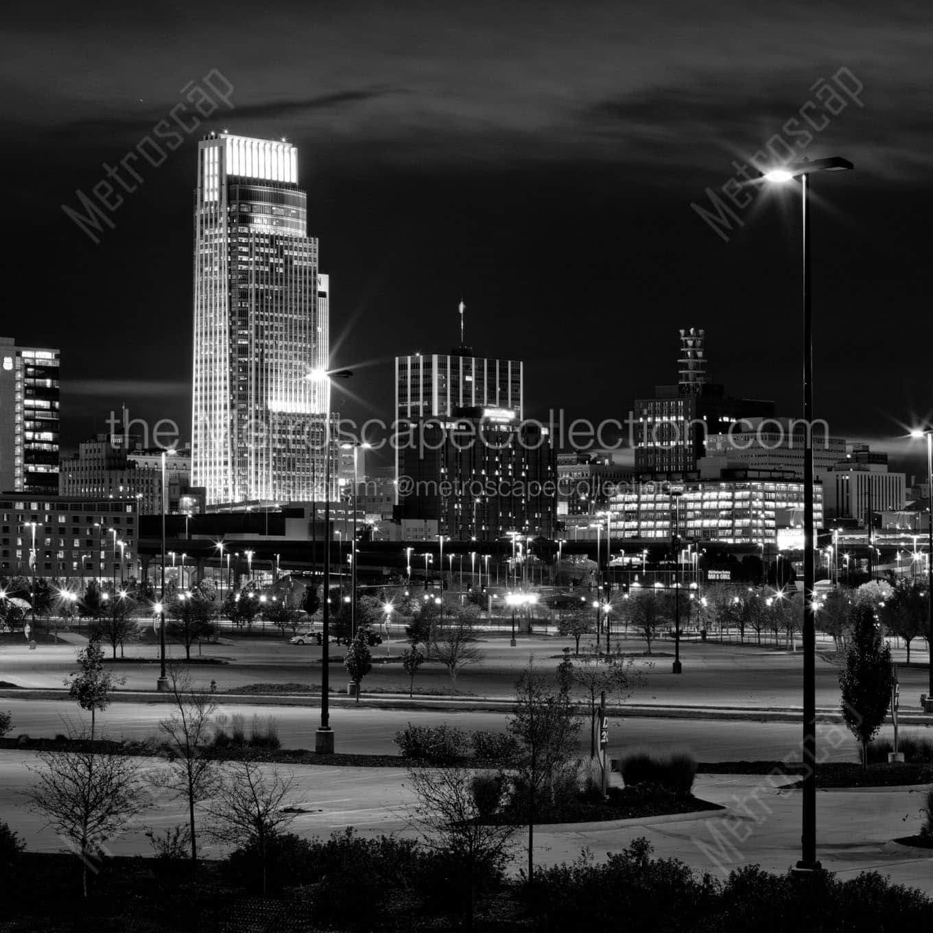 omaha nebraska skyline at night Black & White Wall Art