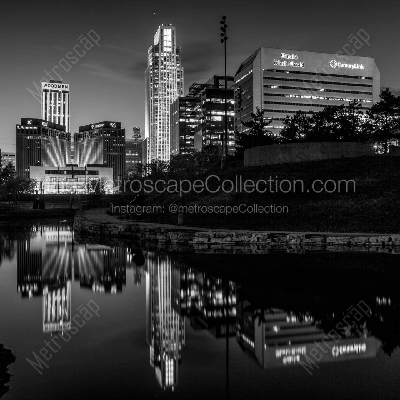 omaha skyline at night gene leahy mall Black & White Wall Art