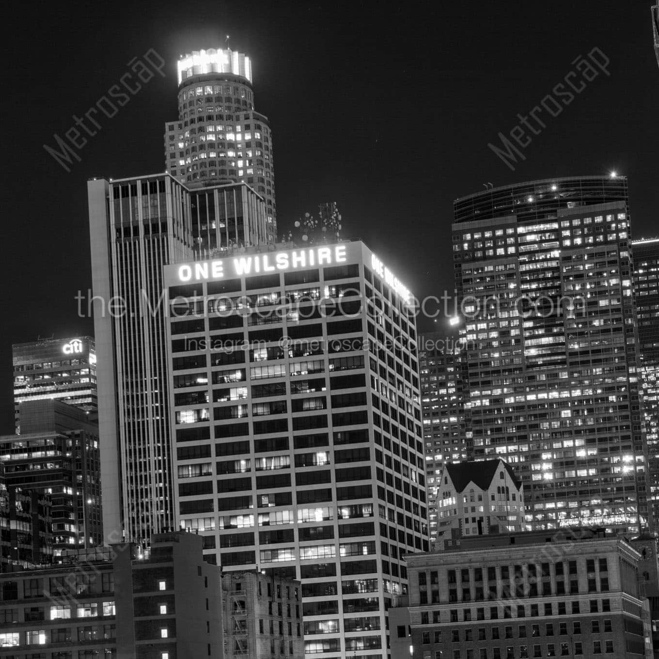 one wilshire building at night Black & White Wall Art