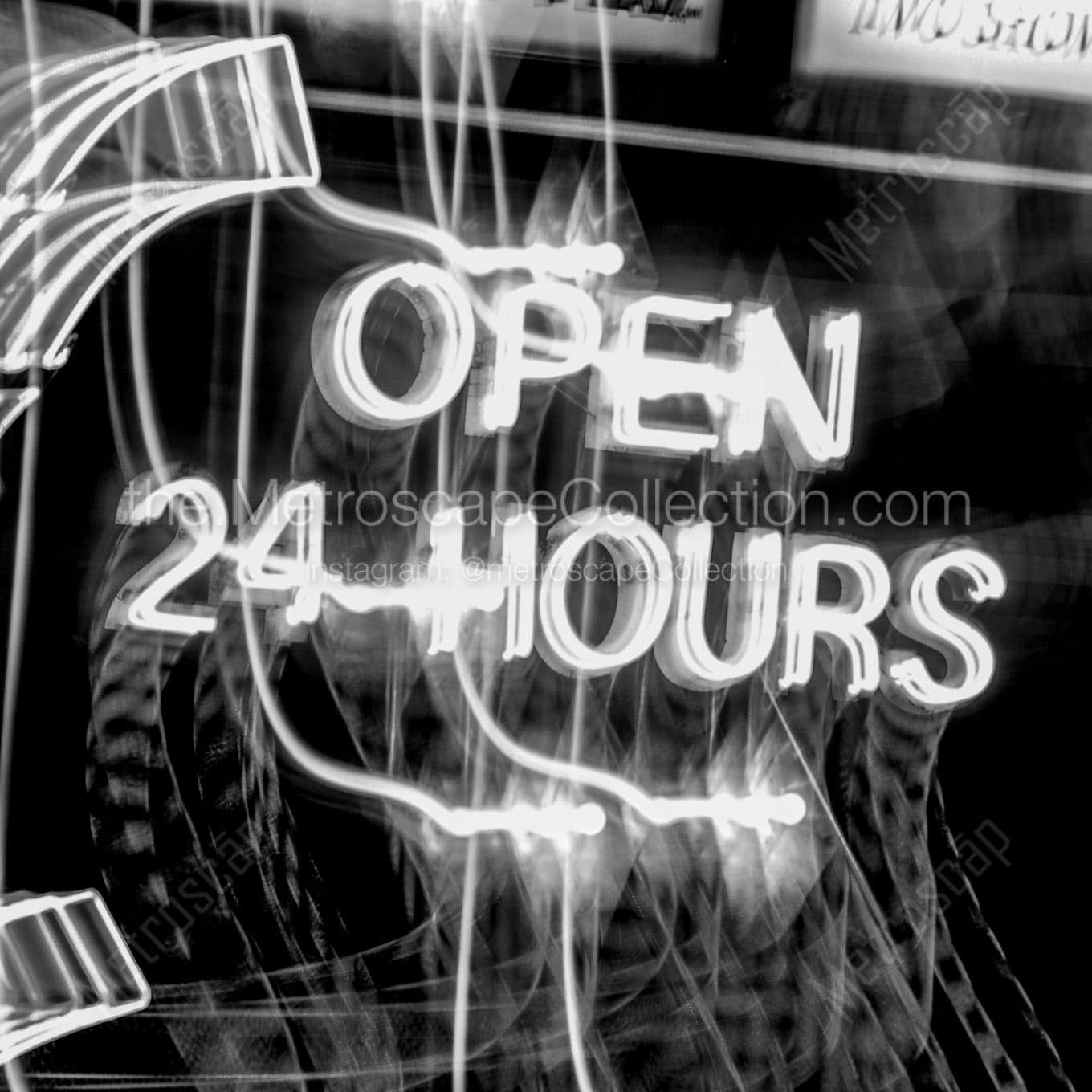 open 24 hours sign Black & White Wall Art