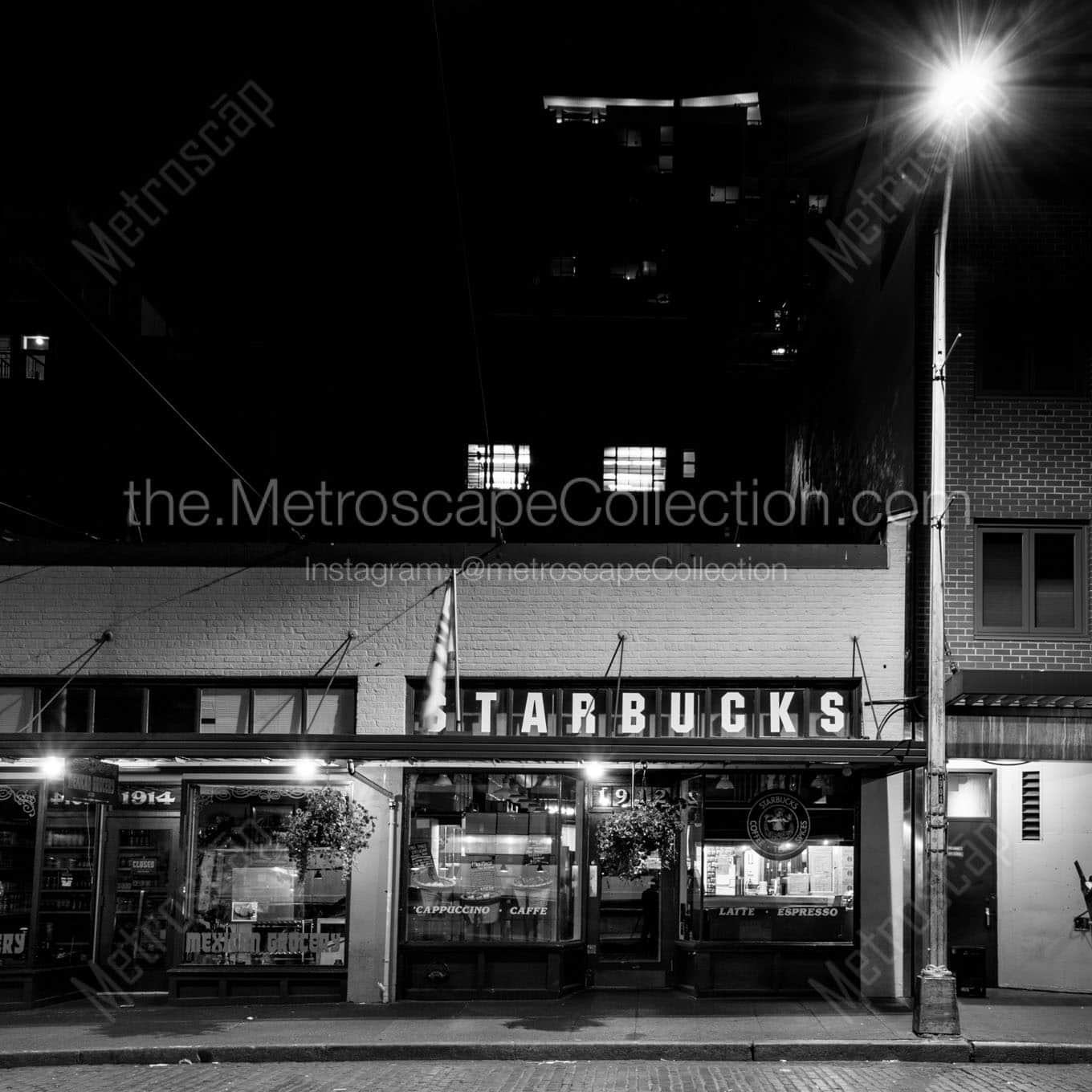 original starbucks at night Black & White Wall Art