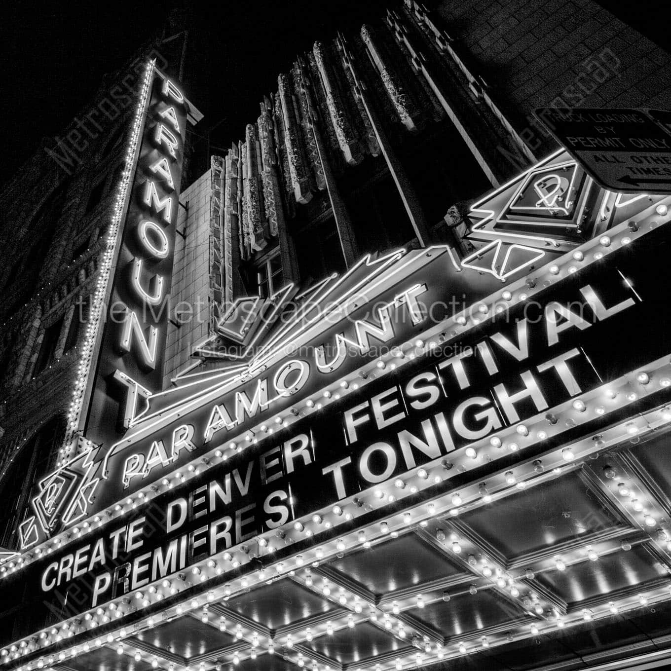 paramount theater at night Black & White Wall Art