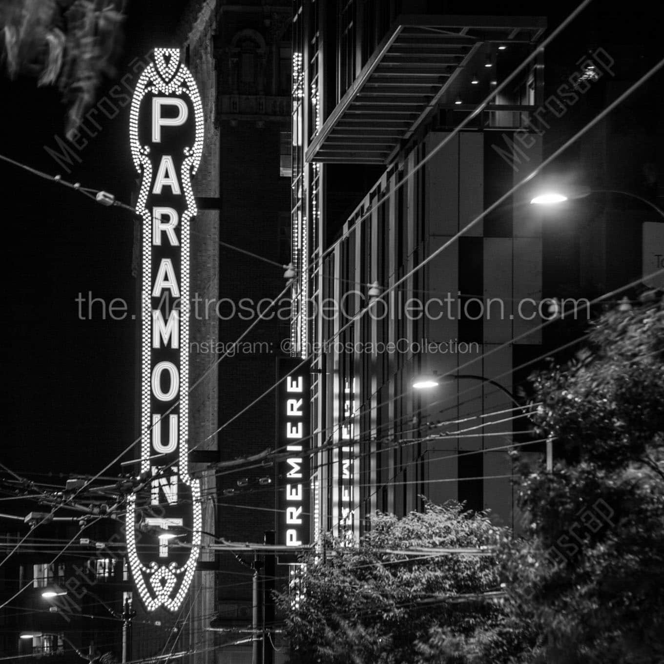 paramount theater at night Black & White Wall Art