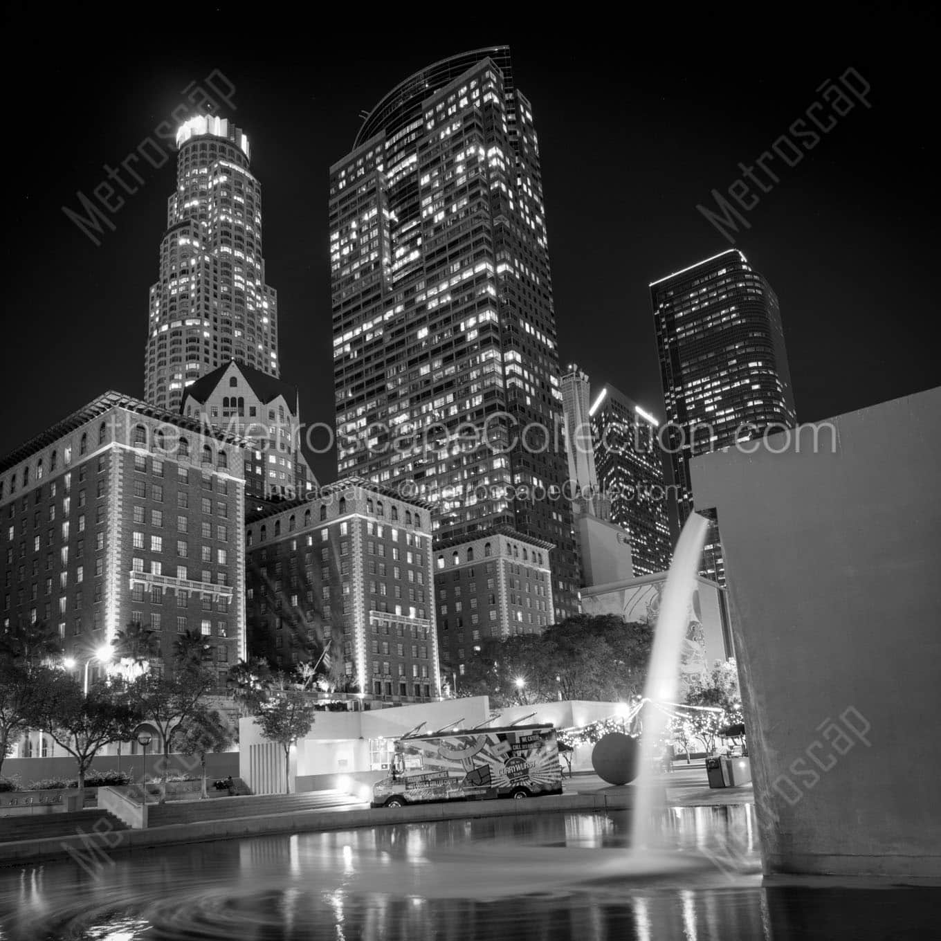 pershing square la skyline at night Black & White Wall Art