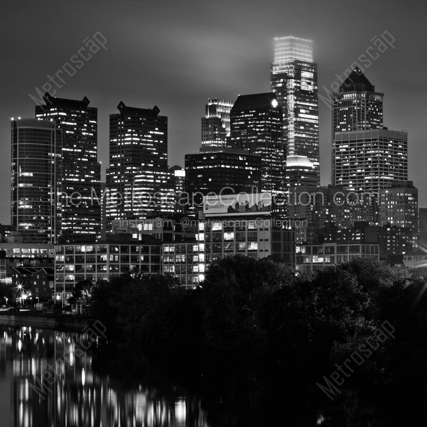 philadelphia city skyline at night Black & White Wall Art