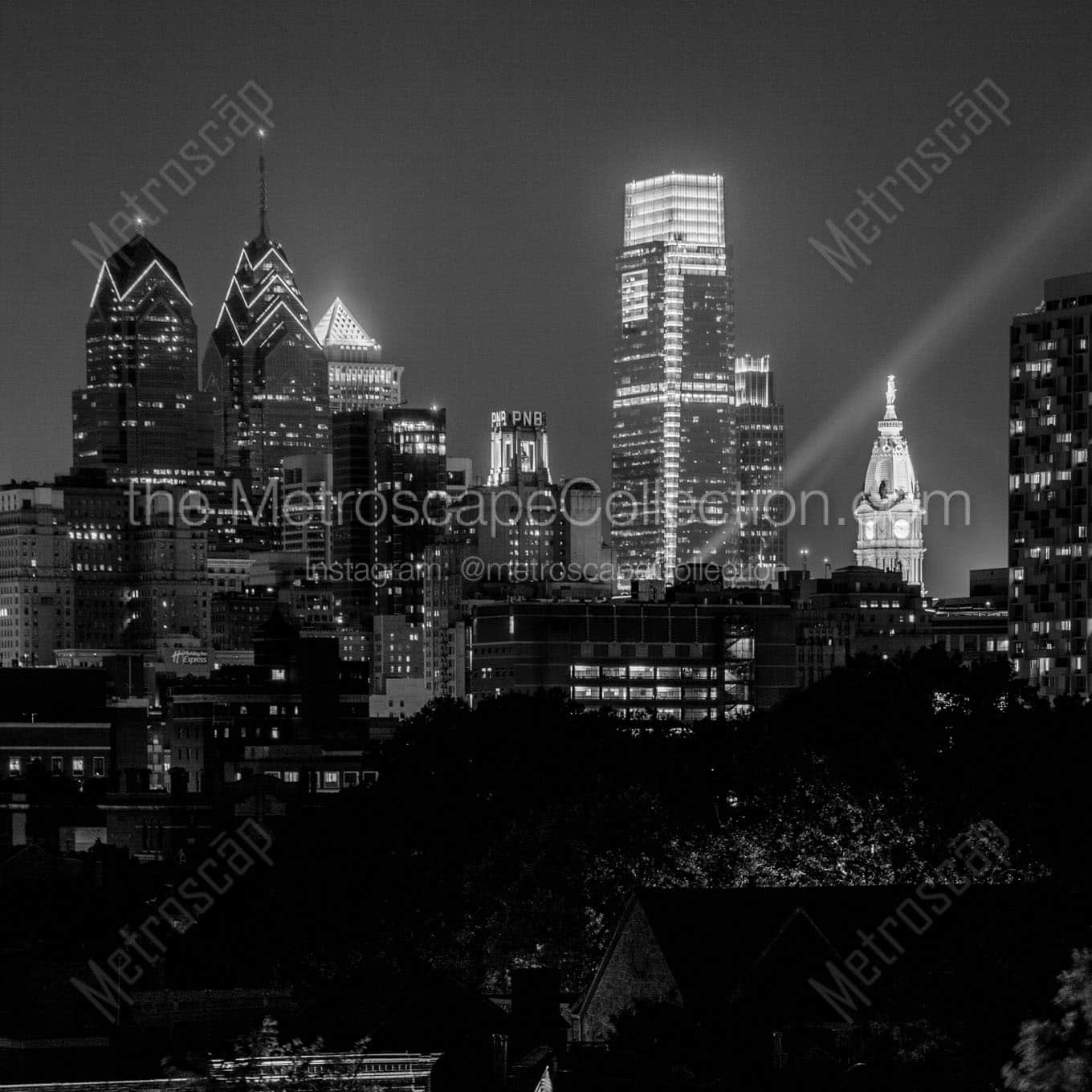 philadelphia skyline at night headhouse square Black & White Wall Art